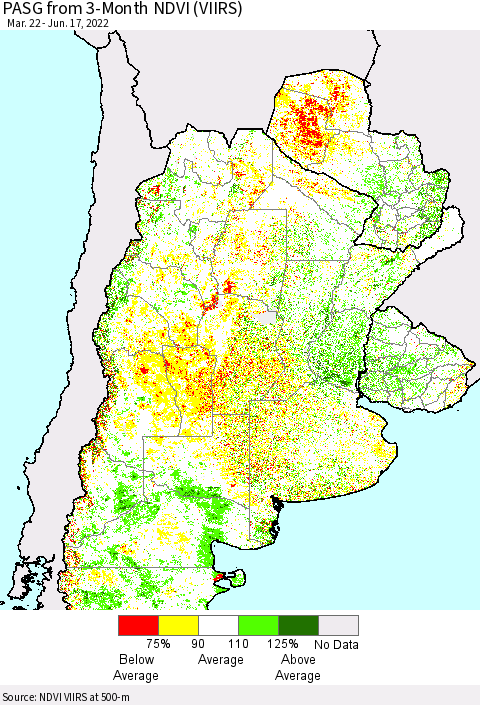 Southern South America PASG from 3-Month NDVI (VIIRS) Thematic Map For 6/10/2022 - 6/17/2022