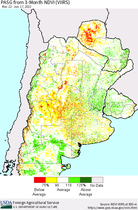 Southern South America PASG from 3-Month NDVI (VIIRS) Thematic Map For 6/11/2022 - 6/20/2022