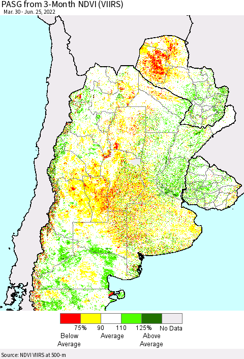 Southern South America PASG from 3-Month NDVI (VIIRS) Thematic Map For 6/18/2022 - 6/25/2022