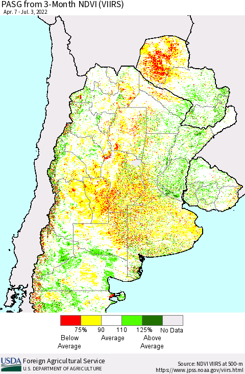 Southern South America PASG from 3-Month NDVI (VIIRS) Thematic Map For 7/1/2022 - 7/10/2022