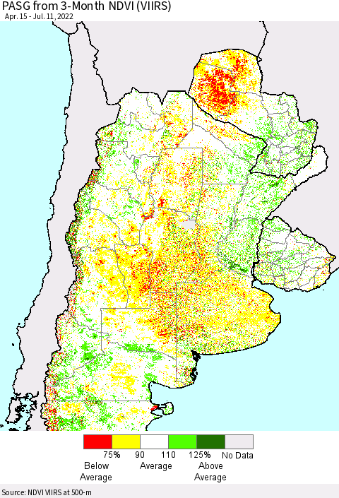 Southern South America PASG from 3-Month NDVI (VIIRS) Thematic Map For 7/4/2022 - 7/11/2022