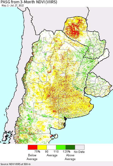 Southern South America PASG from 3-Month NDVI (VIIRS) Thematic Map For 7/20/2022 - 7/27/2022