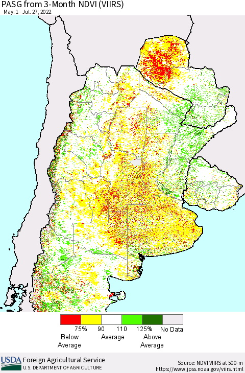 Southern South America PASG from 3-Month NDVI (VIIRS) Thematic Map For 7/21/2022 - 7/31/2022