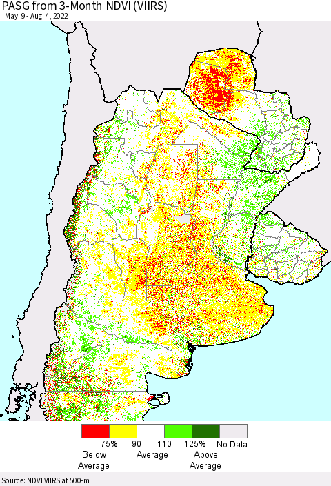 Southern South America PASG from 3-Month NDVI (VIIRS) Thematic Map For 7/28/2022 - 8/4/2022