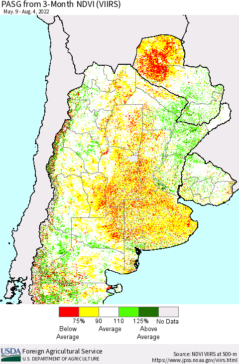 Southern South America PASG from 3-Month NDVI (VIIRS) Thematic Map For 8/1/2022 - 8/10/2022