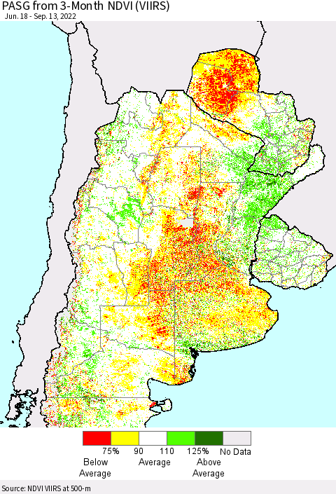 Southern South America PASG from 3-Month NDVI (VIIRS) Thematic Map For 9/6/2022 - 9/13/2022