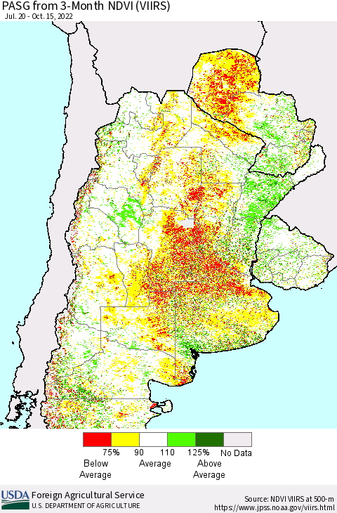Southern South America PASG from 3-Month NDVI (VIIRS) Thematic Map For 10/11/2022 - 10/20/2022