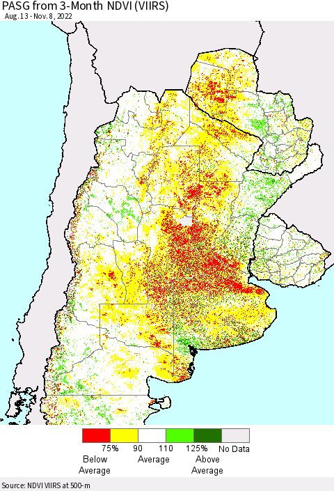 Southern South America PASG from 3-Month NDVI (VIIRS) Thematic Map For 11/1/2022 - 11/8/2022