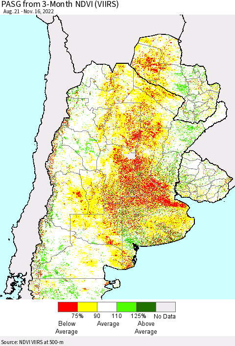 Southern South America PASG from 3-Month NDVI (VIIRS) Thematic Map For 11/9/2022 - 11/16/2022