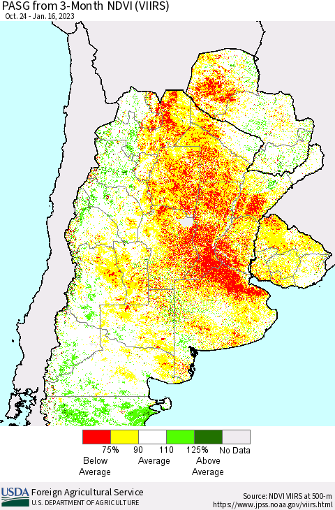 Southern South America PASG from 3-Month NDVI (VIIRS) Thematic Map For 1/11/2023 - 1/20/2023