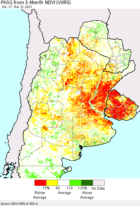 Southern South America PASG from 3-Month NDVI (VIIRS) Thematic Map For 3/14/2023 - 3/21/2023