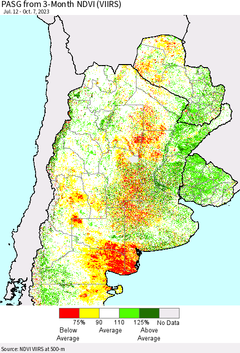 Southern South America PASG from 3-Month NDVI (VIIRS) Thematic Map For 9/30/2023 - 10/7/2023