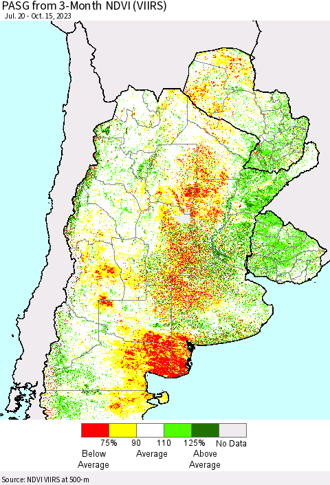 Southern South America PASG from 3-Month NDVI (VIIRS) Thematic Map For 10/8/2023 - 10/15/2023