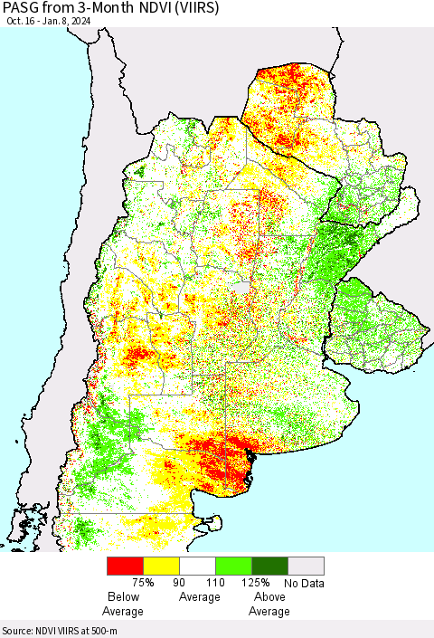 Southern South America PASG from 3-Month NDVI (VIIRS) Thematic Map For 1/1/2024 - 1/8/2024