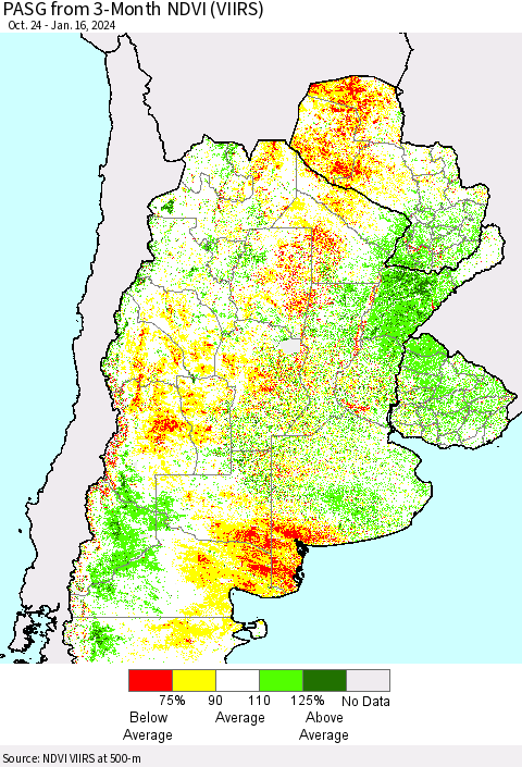 Southern South America PASG from 3-Month NDVI (VIIRS) Thematic Map For 1/9/2024 - 1/16/2024