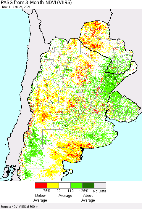 Southern South America PASG from 3-Month NDVI (VIIRS) Thematic Map For 1/17/2024 - 1/24/2024
