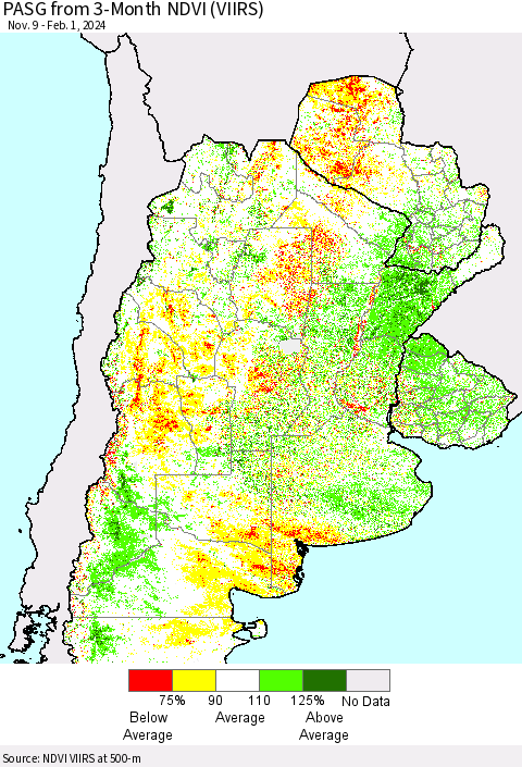 Southern South America PASG from 3-Month NDVI (VIIRS) Thematic Map For 1/25/2024 - 2/1/2024