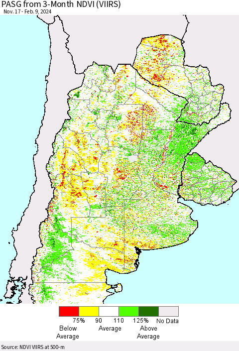 Southern South America PASG from 3-Month NDVI (VIIRS) Thematic Map For 2/2/2024 - 2/9/2024