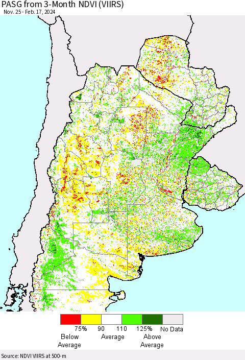 Southern South America PASG from 3-Month NDVI (VIIRS) Thematic Map For 2/10/2024 - 2/17/2024