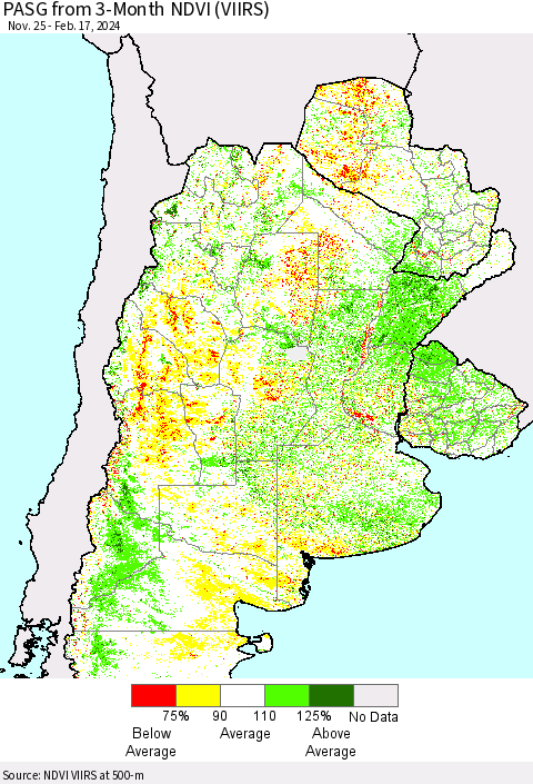 Southern South America PASG from 3-Month NDVI (VIIRS) Thematic Map For 2/10/2024 - 2/17/2024