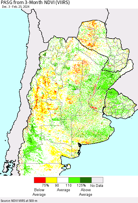 Southern South America PASG from 3-Month NDVI (VIIRS) Thematic Map For 2/18/2024 - 2/25/2024