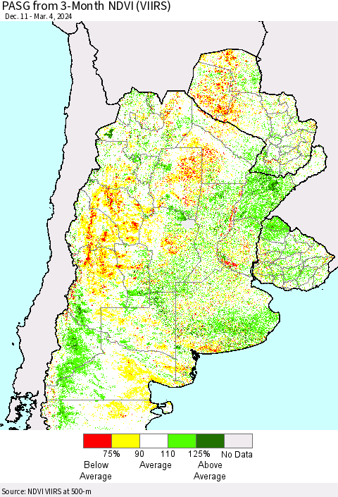 Southern South America PASG from 3-Month NDVI (VIIRS) Thematic Map For 2/26/2024 - 3/4/2024