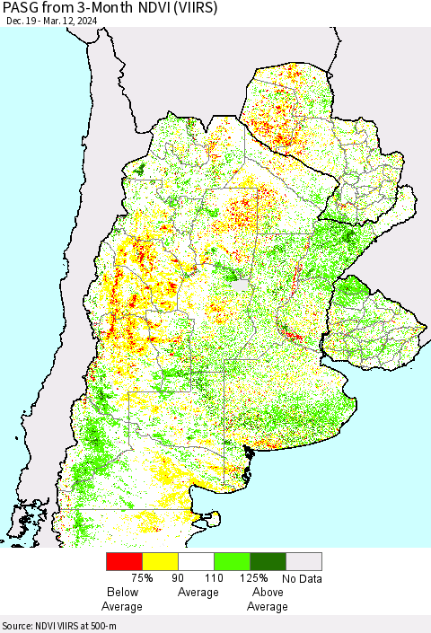 Southern South America PASG from 3-Month NDVI (VIIRS) Thematic Map For 3/5/2024 - 3/12/2024