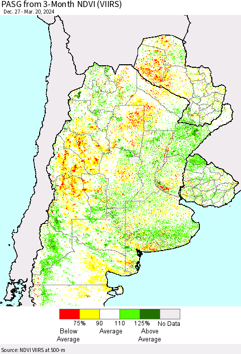 Southern South America PASG from 3-Month NDVI (VIIRS) Thematic Map For 3/13/2024 - 3/20/2024
