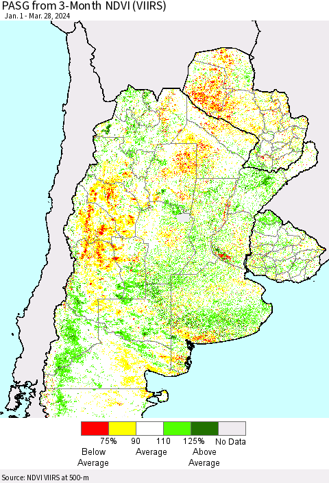 Southern South America PASG from 3-Month NDVI (VIIRS) Thematic Map For 3/21/2024 - 3/28/2024