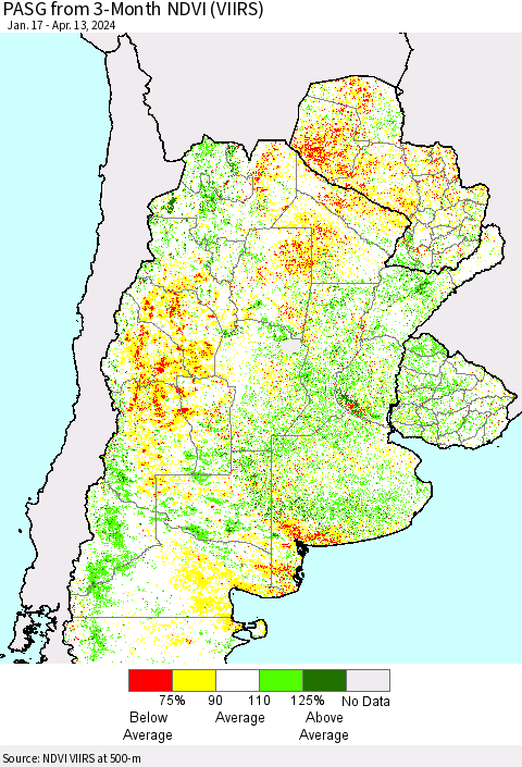 Southern South America PASG from 3-Month NDVI (VIIRS) Thematic Map For 4/6/2024 - 4/13/2024