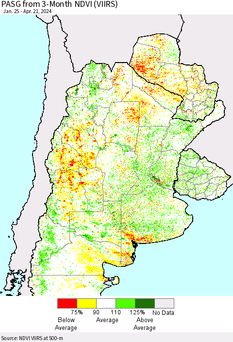 Southern South America PASG from 3-Month NDVI (VIIRS) Thematic Map For 4/14/2024 - 4/21/2024