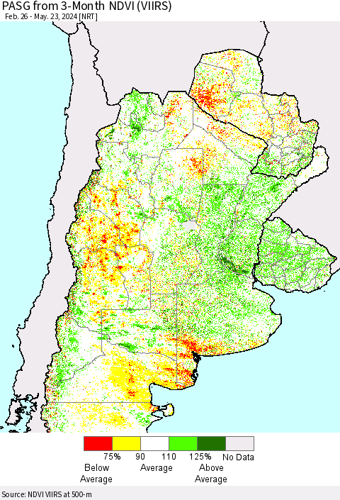 Southern South America PASG from 3-Month NDVI (VIIRS) Thematic Map For 5/16/2024 - 5/23/2024