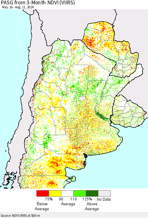Southern South America PASG from 3-Month NDVI (VIIRS) Thematic Map For 8/4/2024 - 8/11/2024