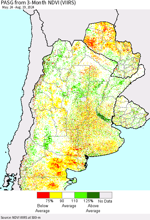 Southern South America PASG from 3-Month NDVI (VIIRS) Thematic Map For 8/12/2024 - 8/19/2024