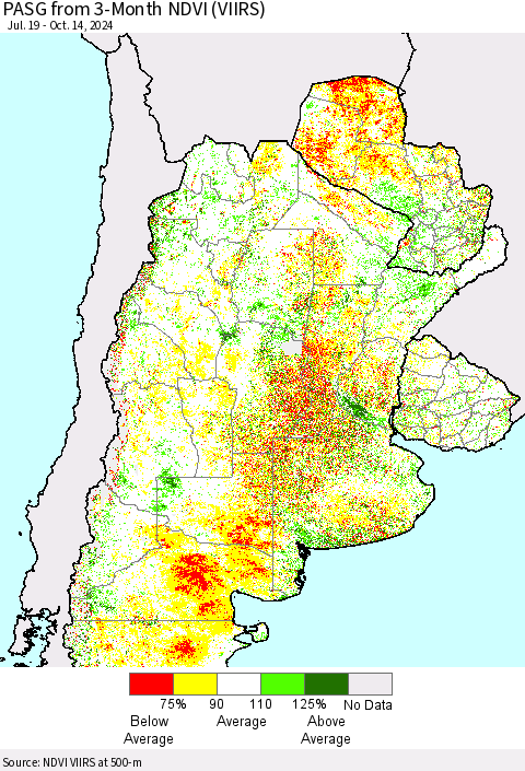 Southern South America PASG from 3-Month NDVI (VIIRS) Thematic Map For 10/7/2024 - 10/14/2024