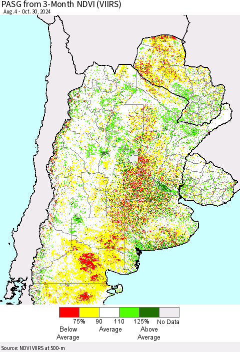 Southern South America PASG from 3-Month NDVI (VIIRS) Thematic Map For 10/23/2024 - 10/30/2024