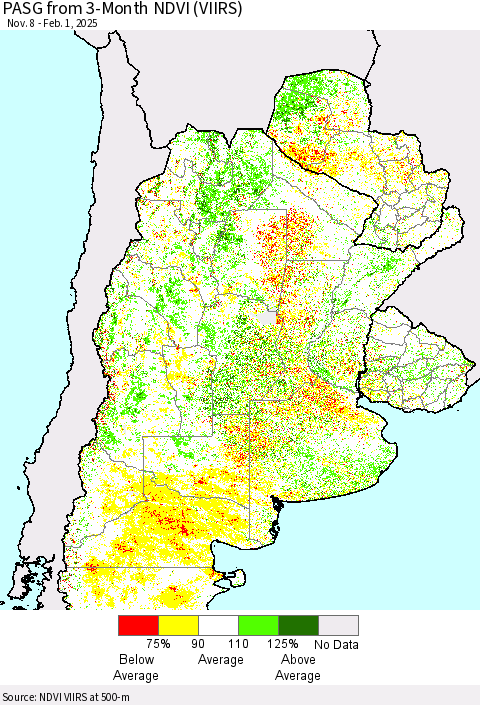 Southern South America PASG from 3-Month NDVI (VIIRS) Thematic Map For 1/25/2025 - 2/1/2025