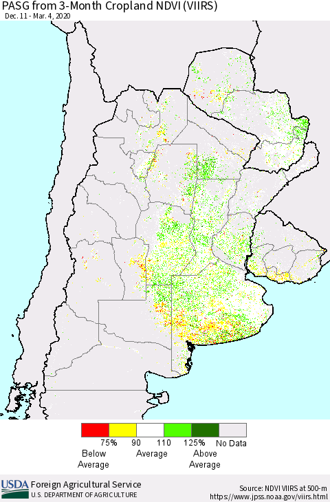 Southern South America PASG from 3-Month Cropland NDVI (VIIRS) Thematic Map For 3/1/2020 - 3/10/2020