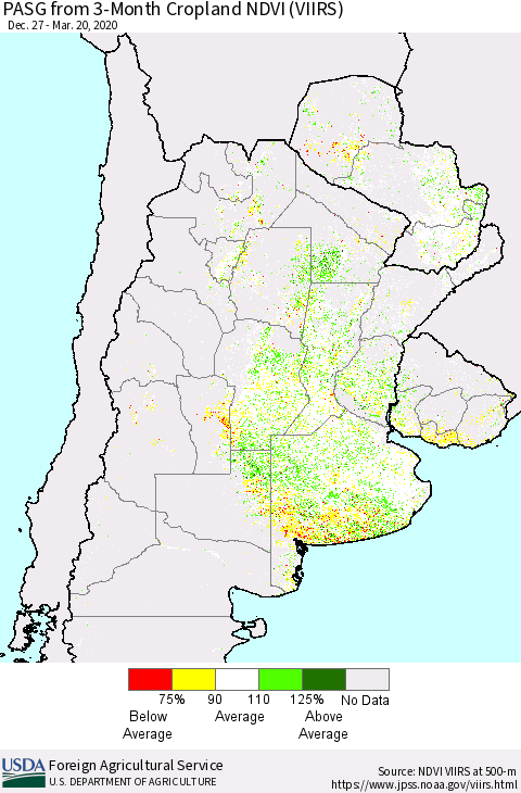 Southern South America PASG from 3-Month Cropland NDVI (VIIRS) Thematic Map For 3/11/2020 - 3/20/2020
