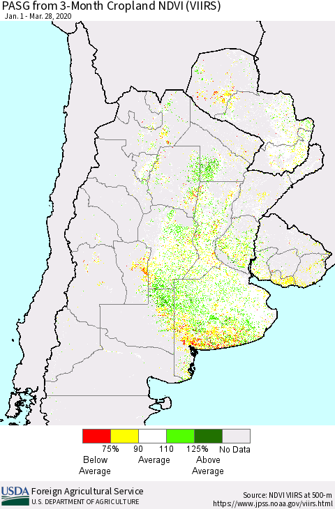 Southern South America PASG from 3-Month Cropland NDVI (VIIRS) Thematic Map For 3/21/2020 - 3/31/2020