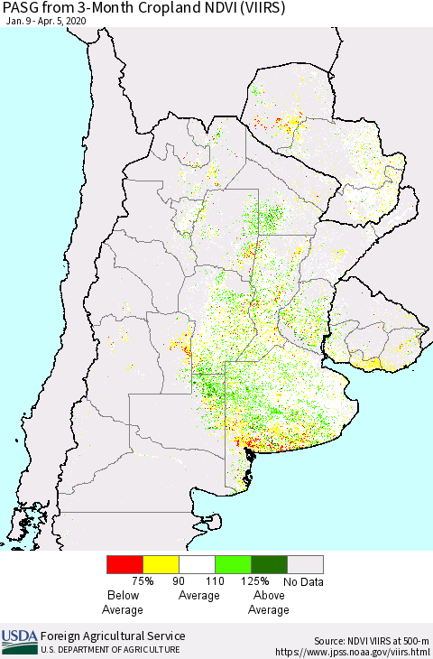 Southern South America PASG from 3-Month Cropland NDVI (VIIRS) Thematic Map For 4/1/2020 - 4/10/2020