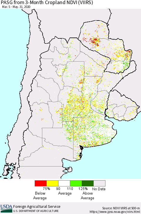 Southern South America PASG from 3-Month Cropland NDVI (VIIRS) Thematic Map For 5/21/2020 - 5/31/2020