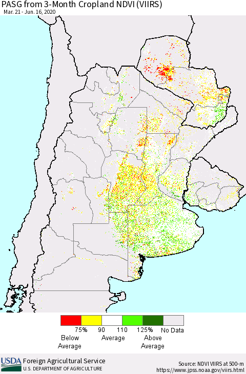 Southern South America PASG from 3-Month Cropland NDVI (VIIRS) Thematic Map For 6/11/2020 - 6/20/2020