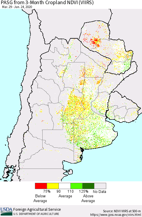 Southern South America PASG from 3-Month Cropland NDVI (VIIRS) Thematic Map For 6/21/2020 - 6/30/2020