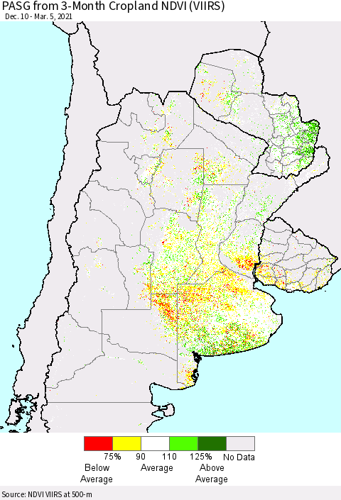 Southern South America PASG from 3-Month Cropland NDVI (VIIRS) Thematic Map For 2/26/2021 - 3/5/2021
