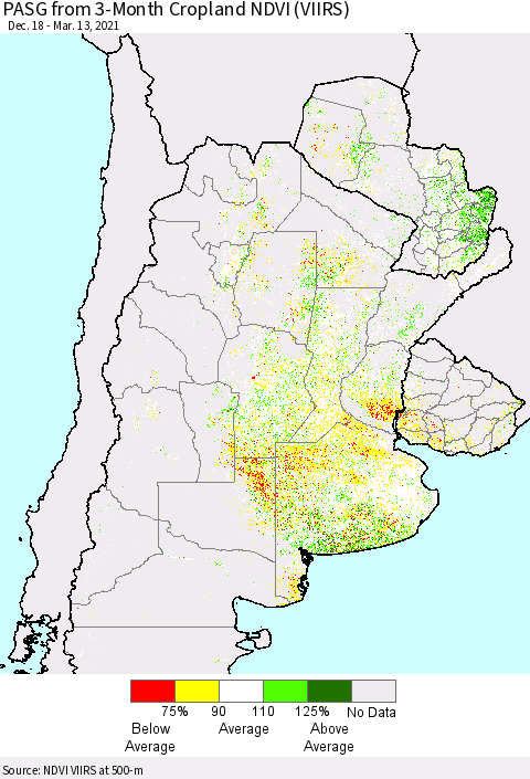 Southern South America PASG from 3-Month Cropland NDVI (VIIRS) Thematic Map For 3/6/2021 - 3/13/2021