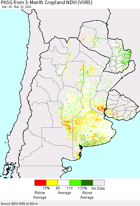 Southern South America PASG from 3-Month Cropland NDVI (VIIRS) Thematic Map For 3/14/2021 - 3/21/2021