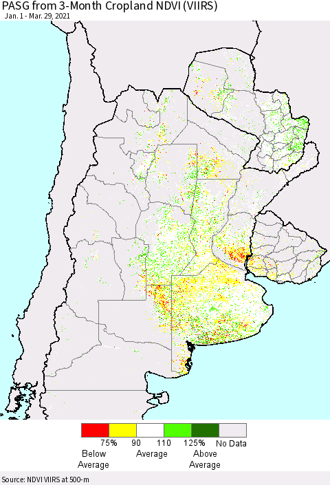 Southern South America PASG from 3-Month Cropland NDVI (VIIRS) Thematic Map For 3/22/2021 - 3/29/2021