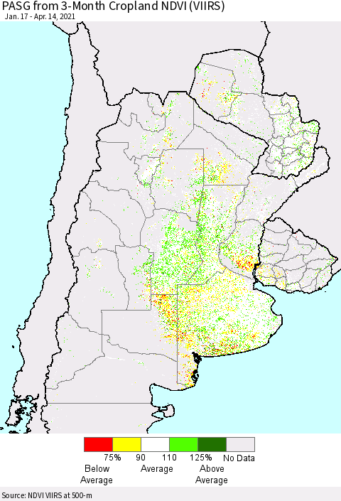 Southern South America PASG from 3-Month Cropland NDVI (VIIRS) Thematic Map For 4/7/2021 - 4/14/2021