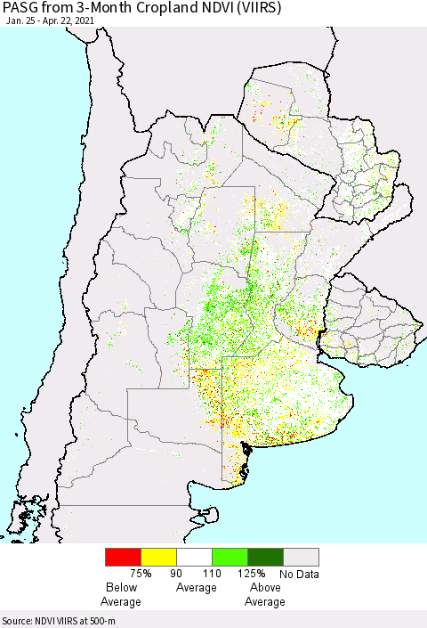 Southern South America PASG from 3-Month Cropland NDVI (VIIRS) Thematic Map For 4/15/2021 - 4/22/2021